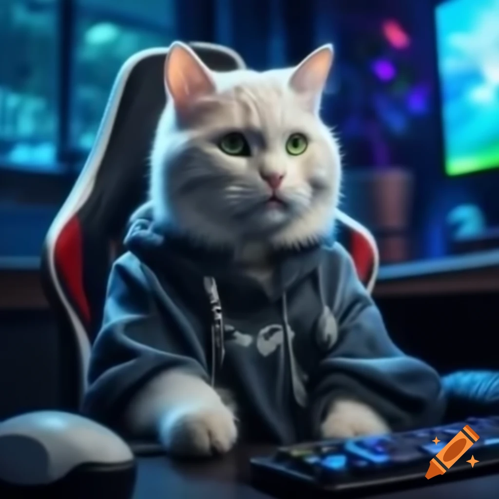 Snowy white cat with green eyes in black hoodie and headphones sitting in gaming chair