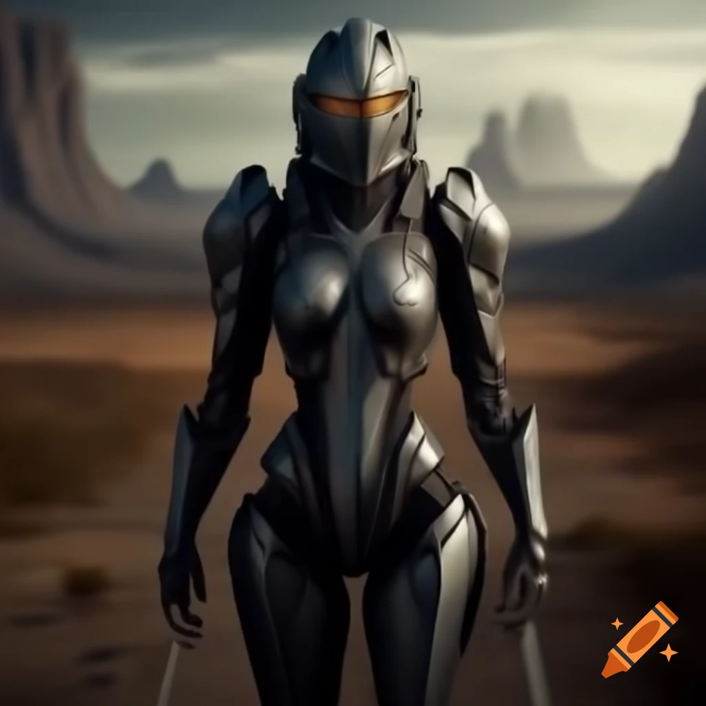 Futuristic knight standing in a wasteland