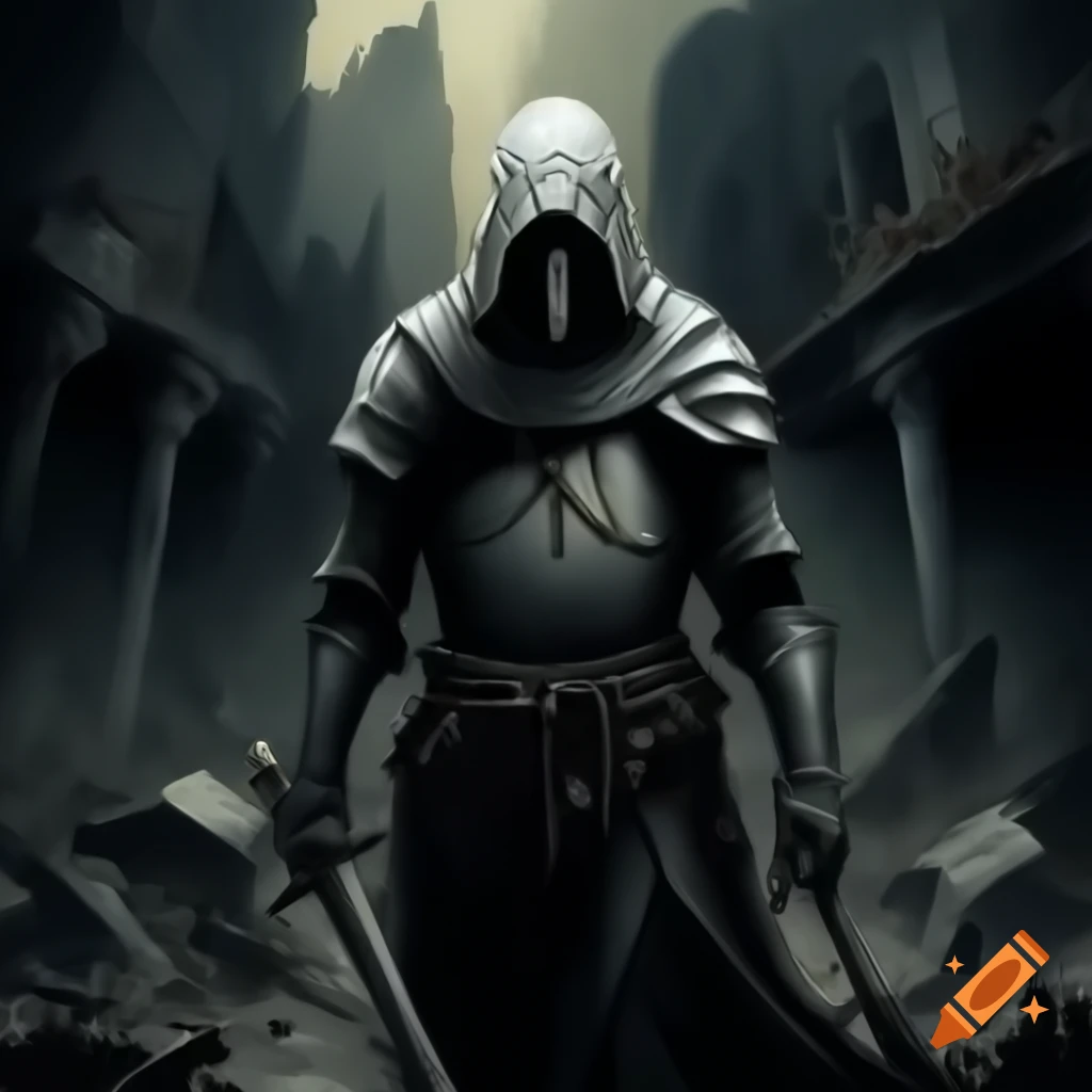 Full body drawing of a mysterious knight ghost in a ruined city