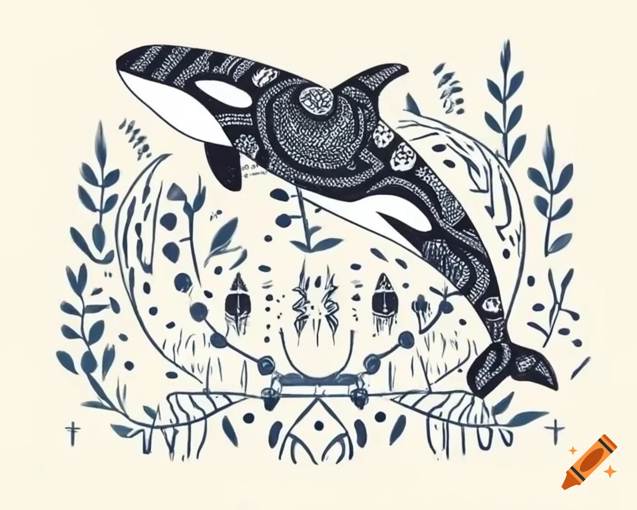 Indigenous style drawing of an orca whale with traditional design