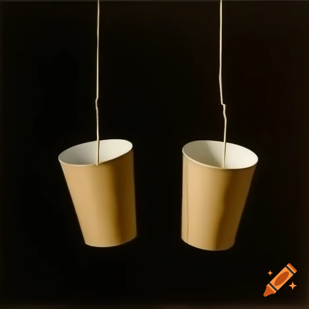 Two kraft cups suspended by wire, painting inspired by Francisco de Goya