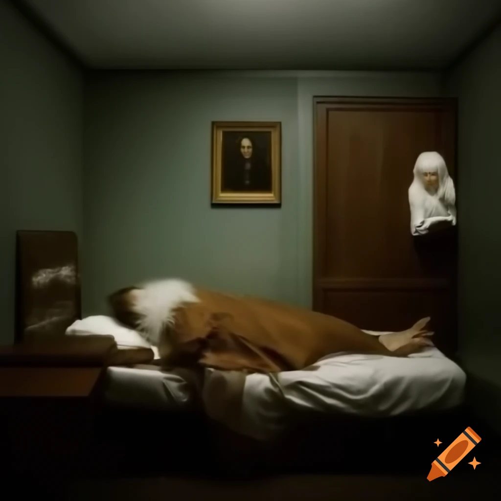 Sad man sitting on bed in dark motel room inspired by Rembrandt and Hopper