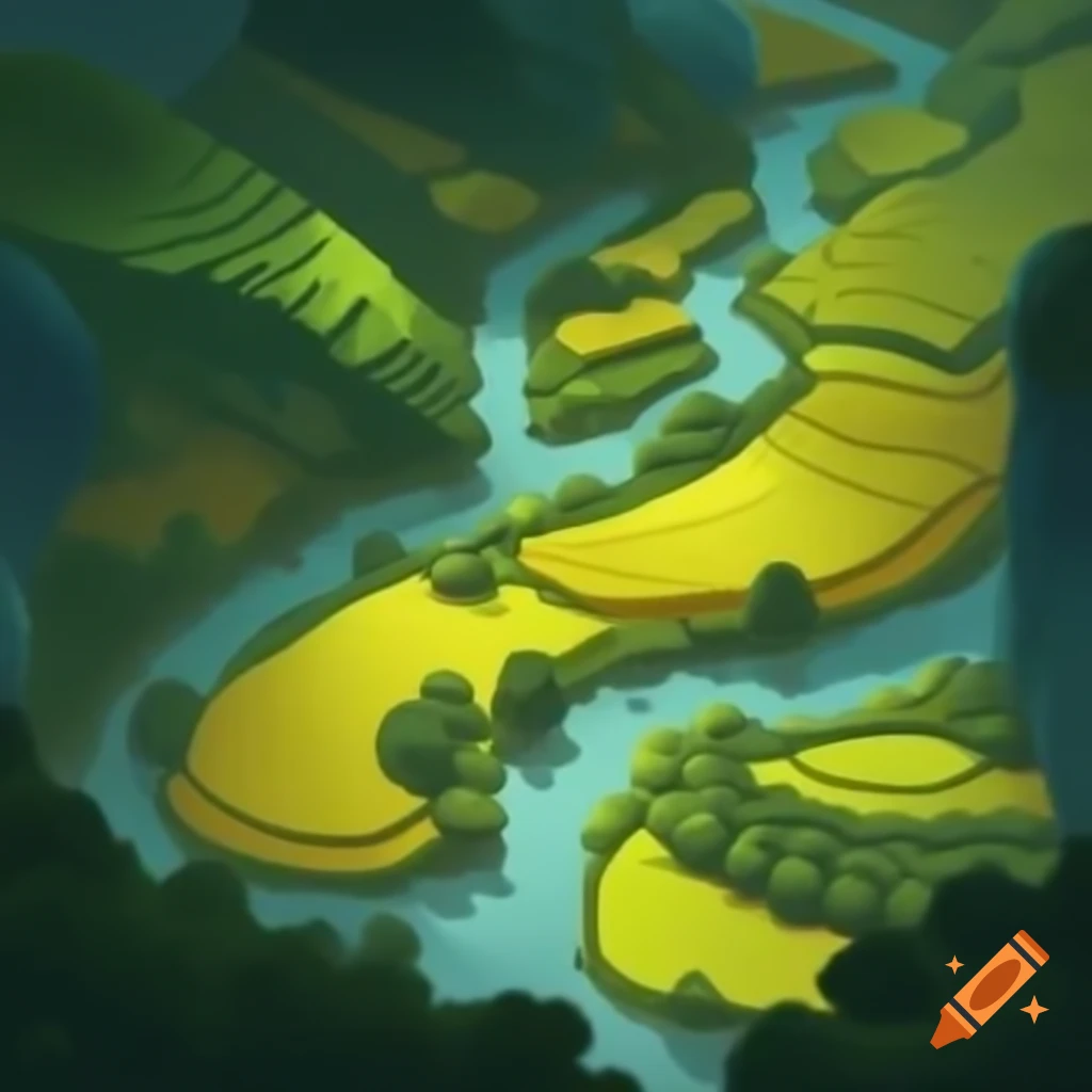 Lush forest with flowing river and traditional rice paddy terrace illustration