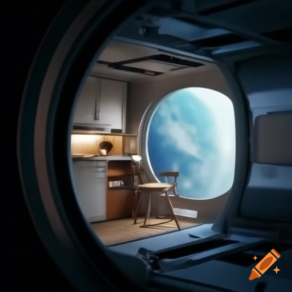 Compact minimalist kitchen in spacecraft with planet view from window