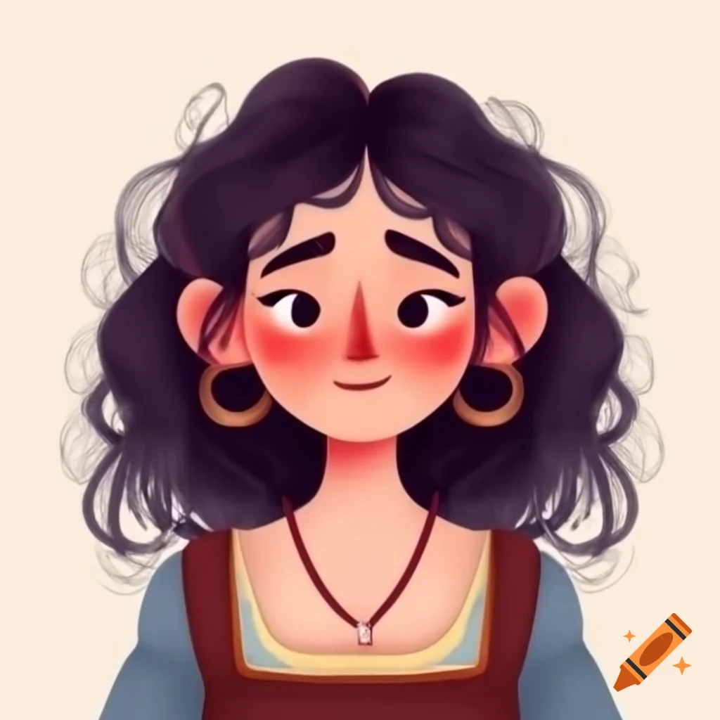 Medieval peasant woman with dark curly hair and a smile, whimsical style
