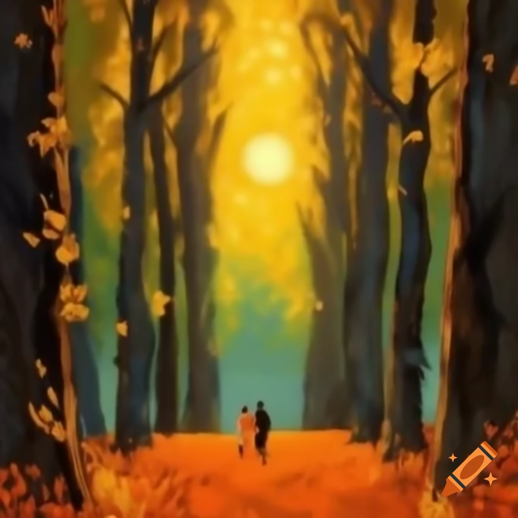Couple walking through forest with golden leaves, sunlight shining, Van Gogh style