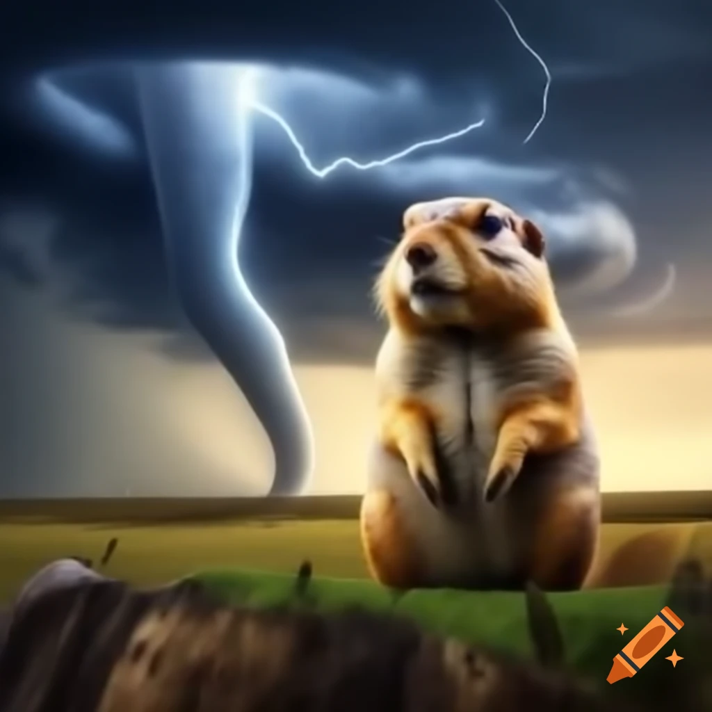 Prairie dog smiling while observing tornado and lightning