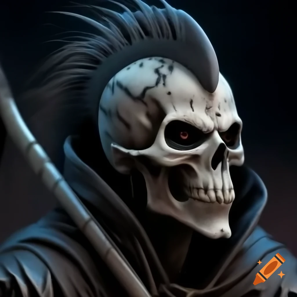 Reaper character with mohawk in stipple art style