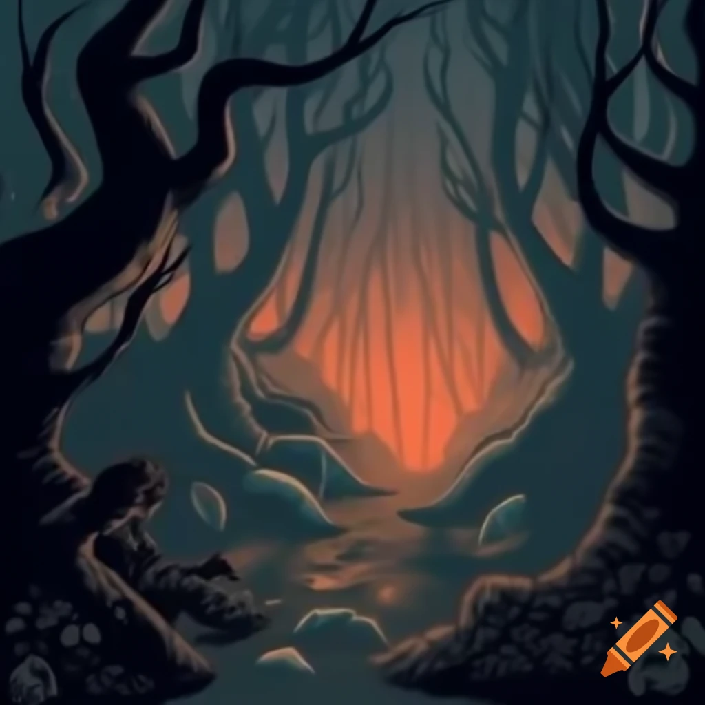 Creepy forest scene with dense trees and shadows