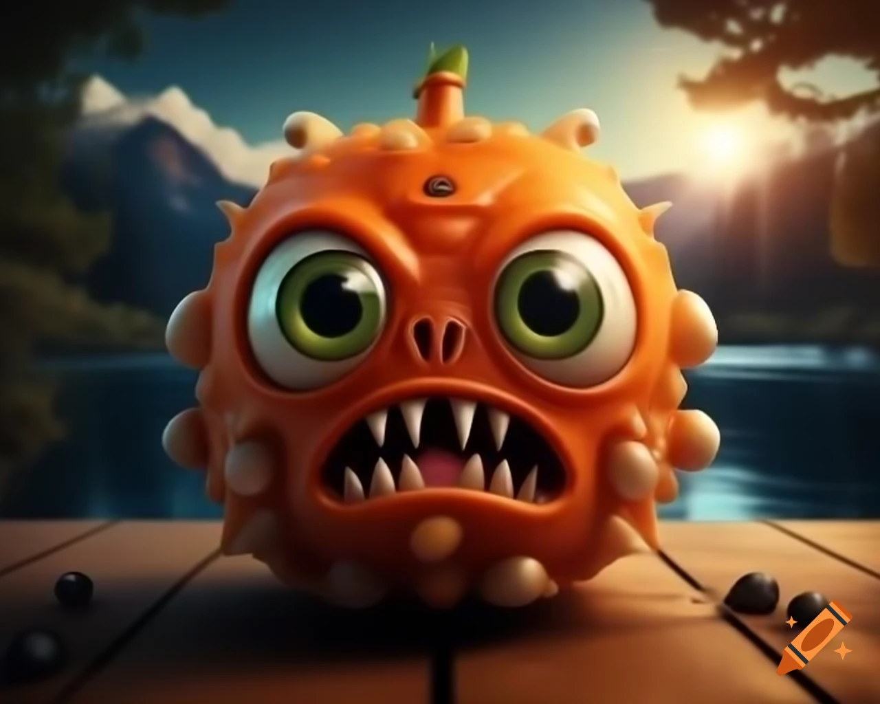 Hyper-realistic 3D orange fruit monster with human features on wooden table