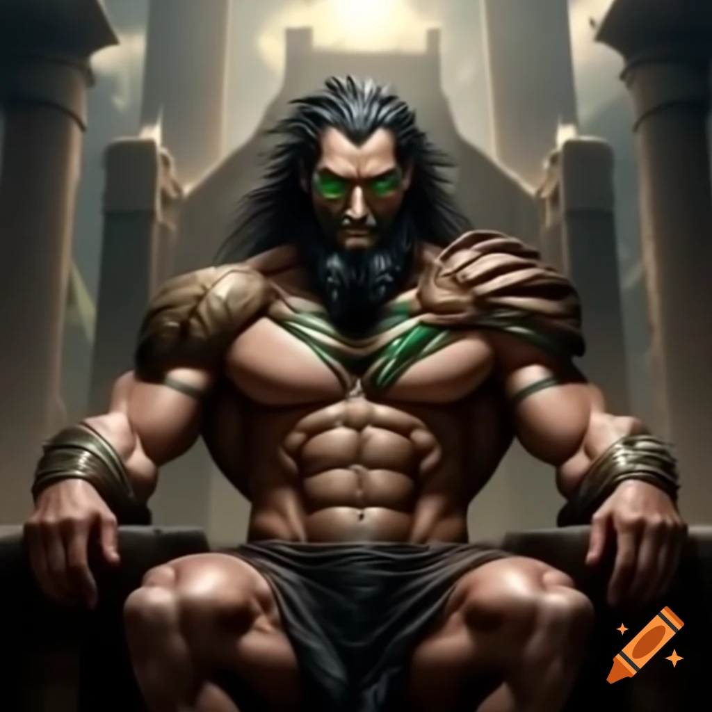 Muscular Spartan seated on castle throne with sun-kissed skin and striking features