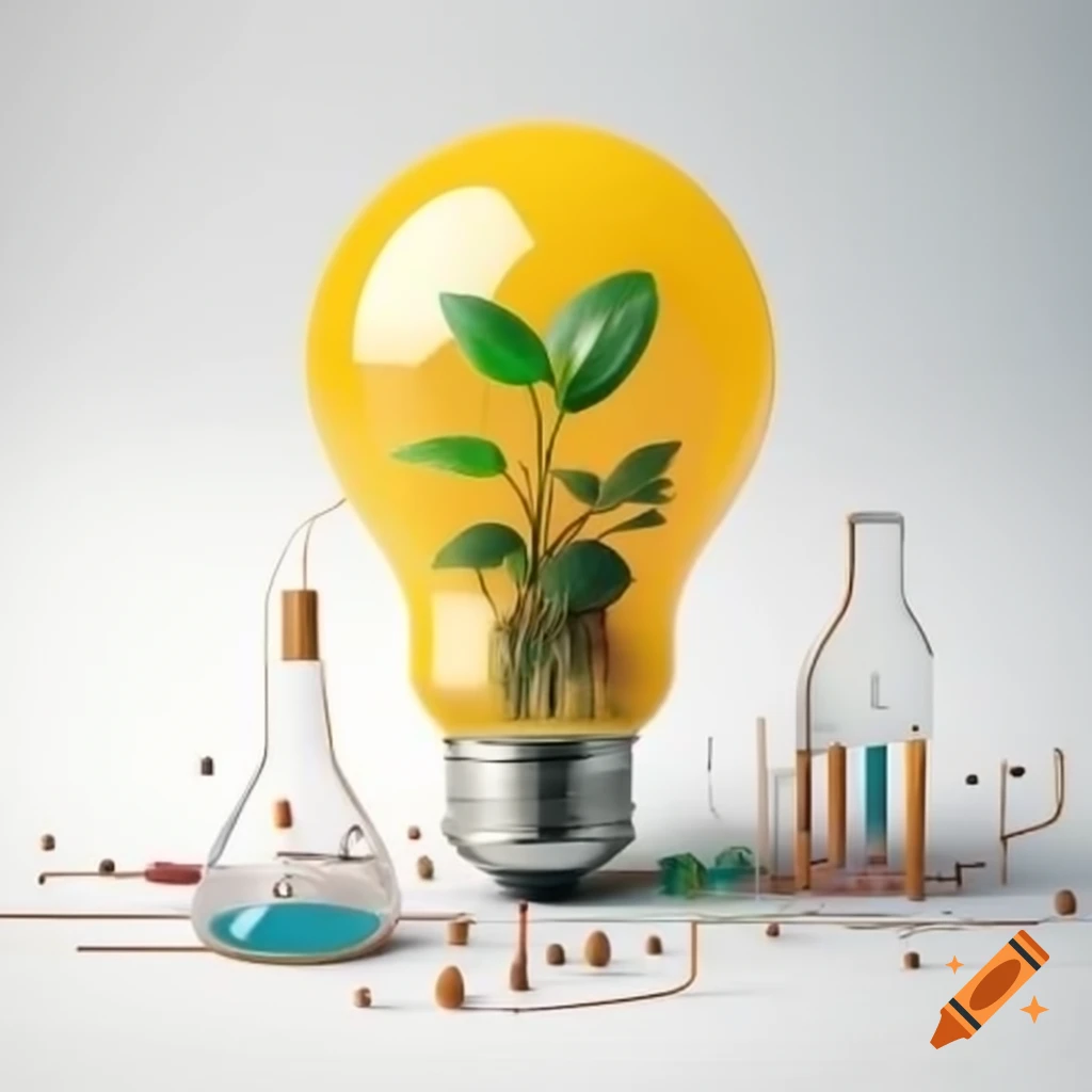 Yellow light bulb surrounded by plants and chemical compound structure on white background