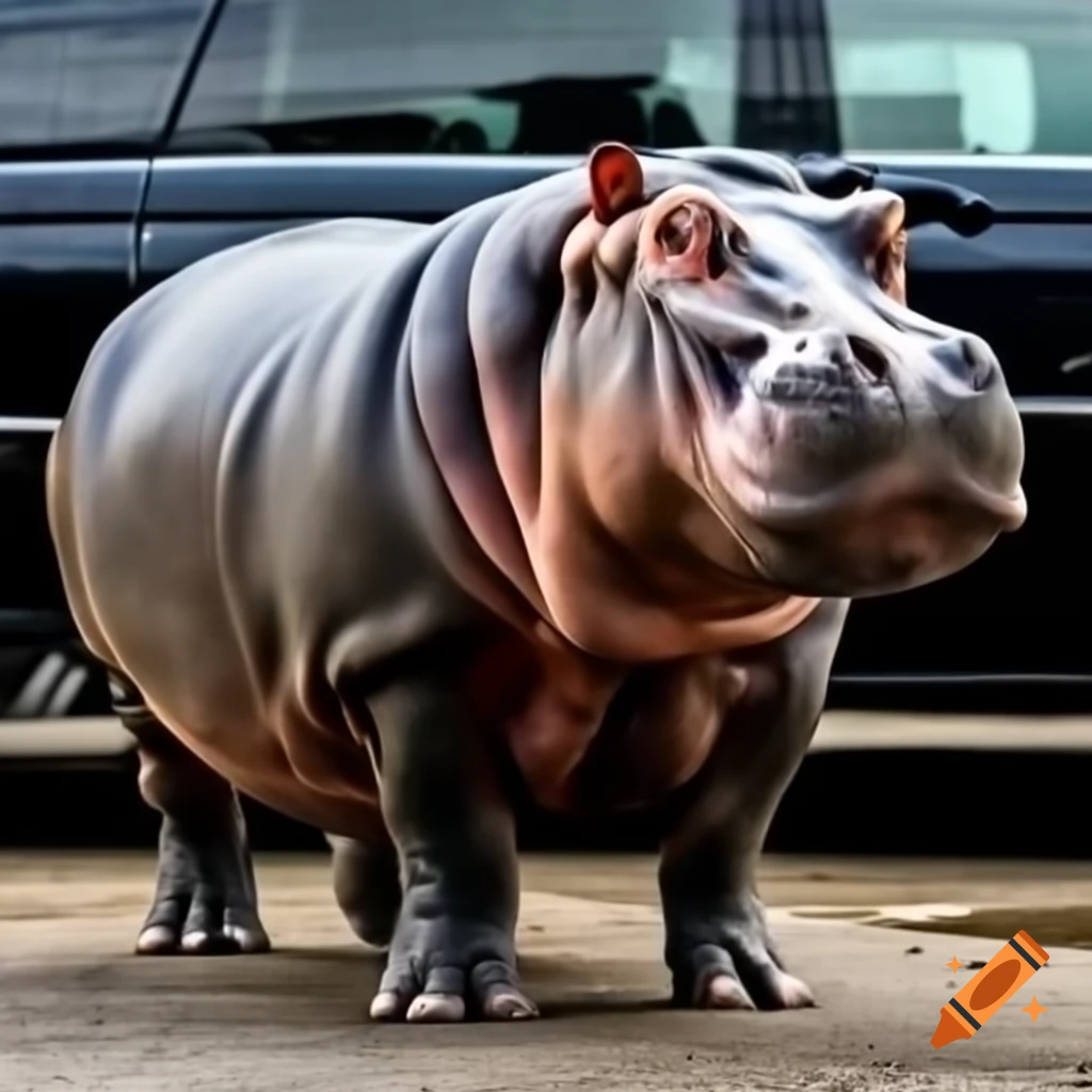 Hippo standing with car in the background