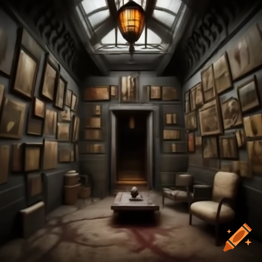 Scary house with large room featuring demonic drawings on walls