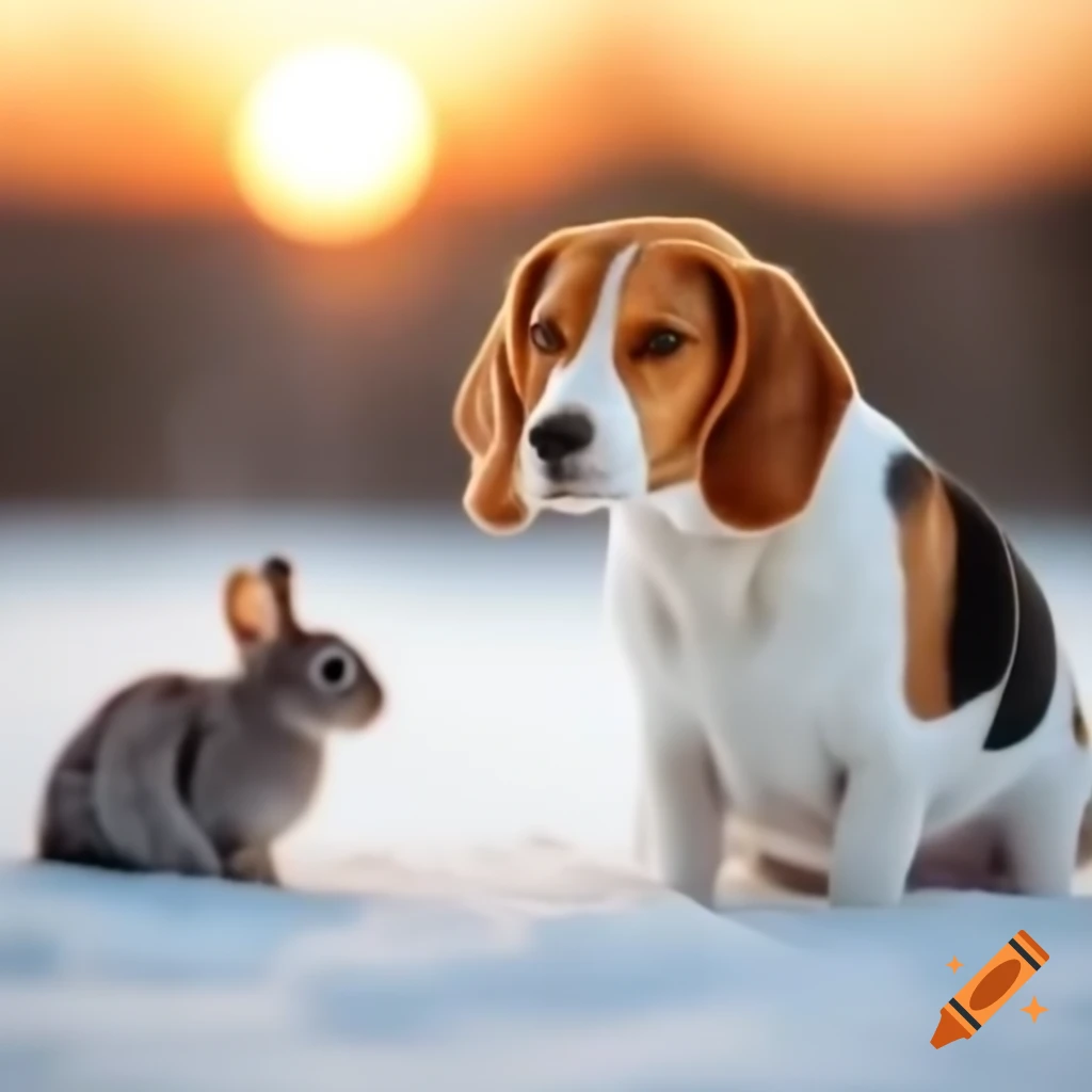 Cat, beagle, white rabbit, and mouse watching winter sunset