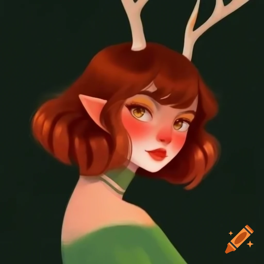 Whimsical portrait of woman with auburn waves and deer antlers in vibrant style