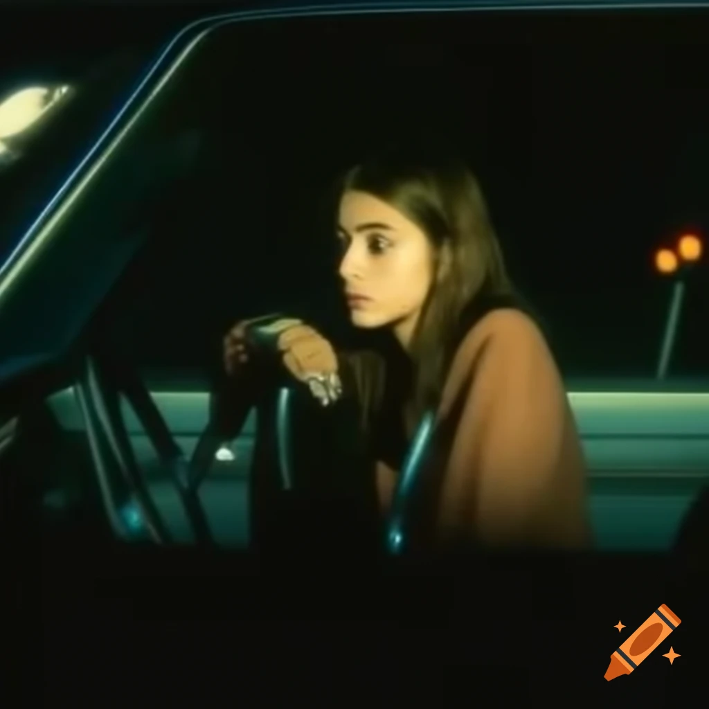 Lady driving a car at night with dark surroundings