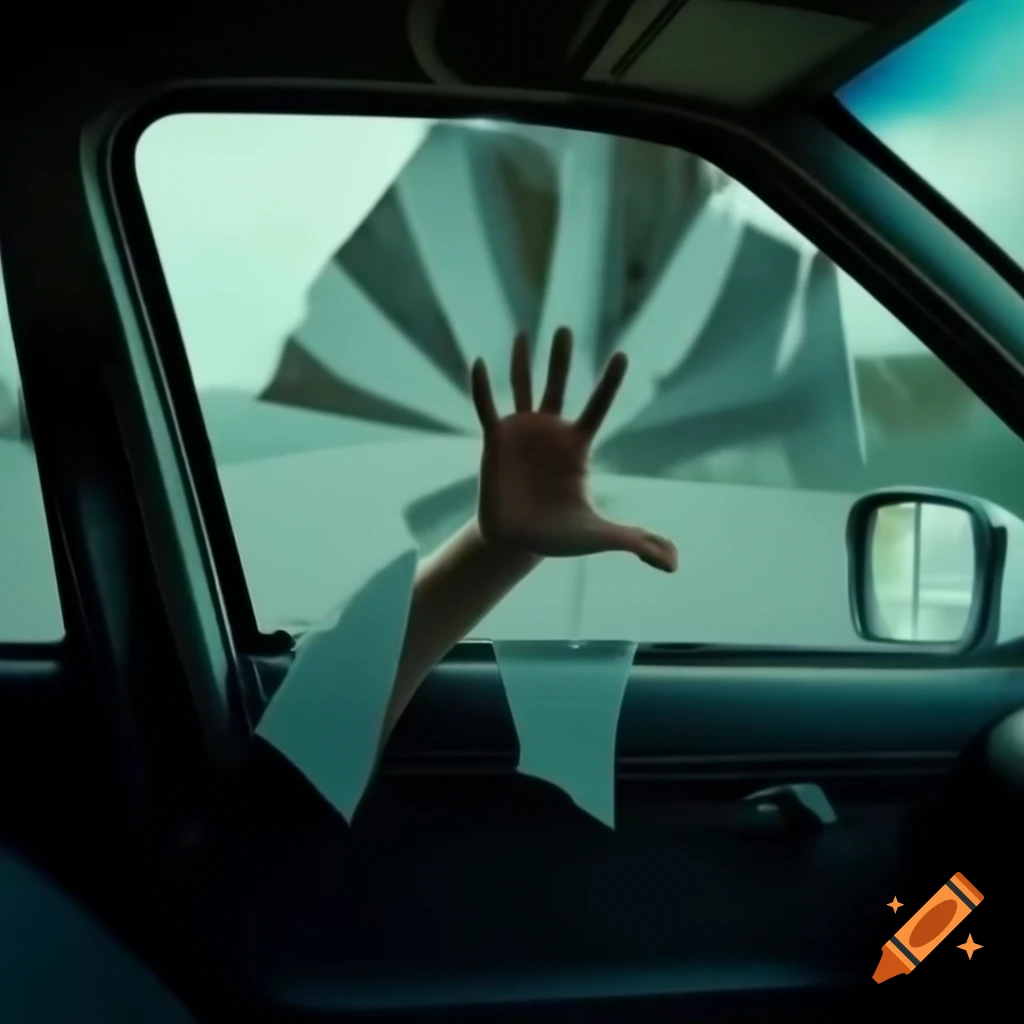 Broken car window with hand extending outside