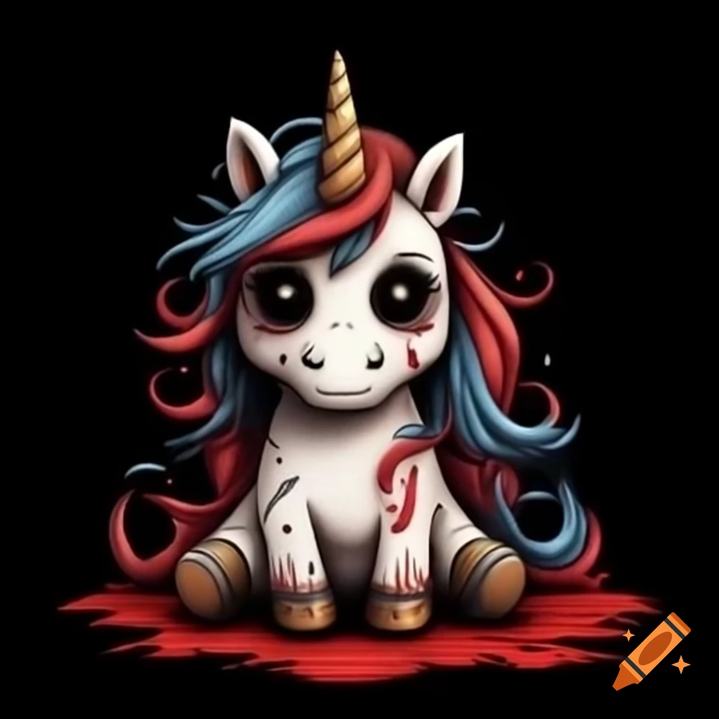Undead unicorn plush in horror style with black background