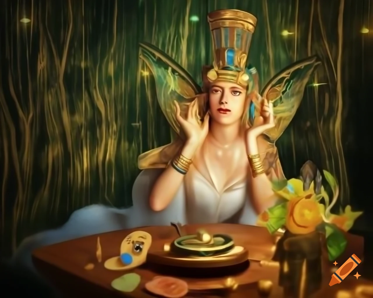 Hyperrealistic micro photograph of Lady Palutena, goddess of light with crystal tiara and flowers