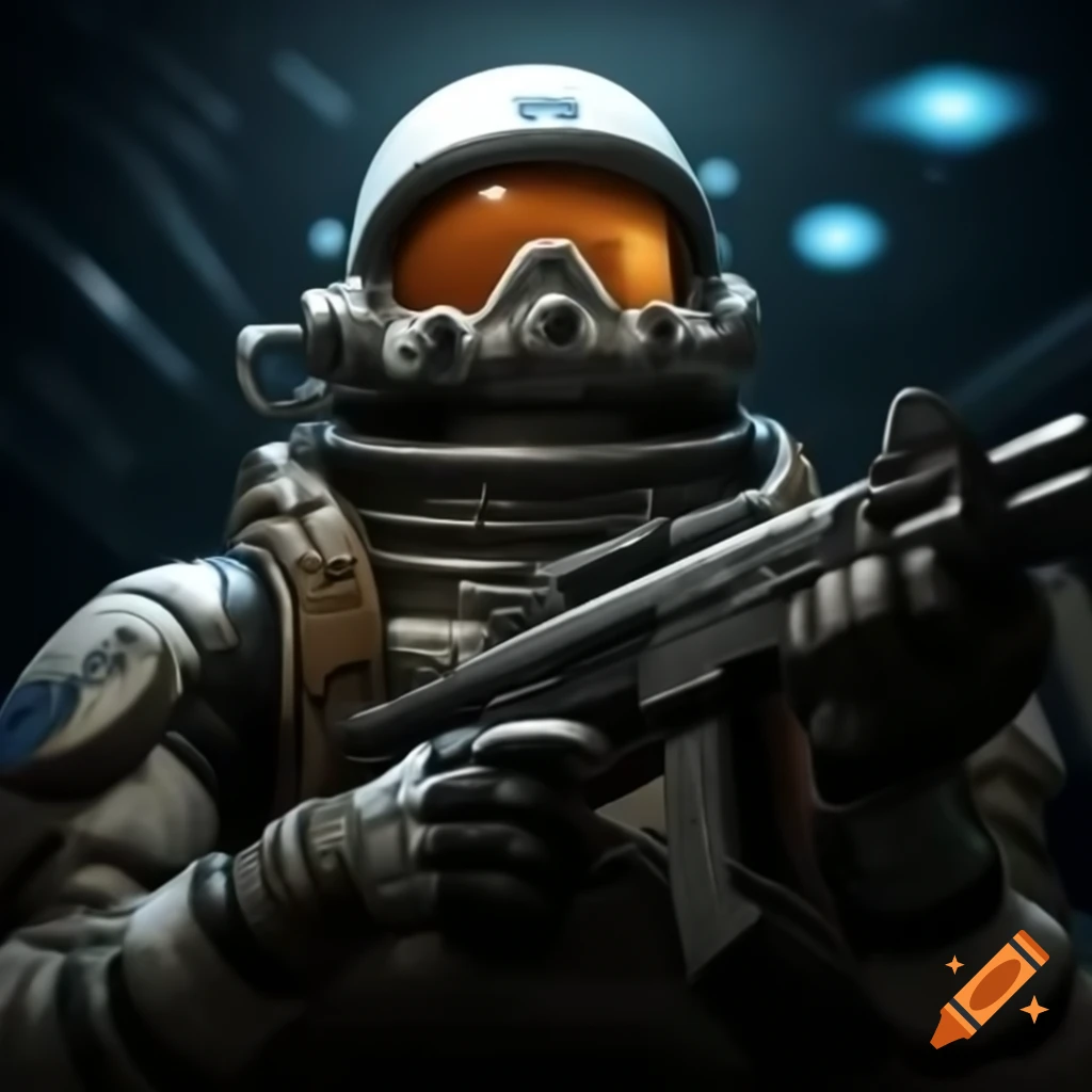 Futuristic space soldier portrait holding weapon