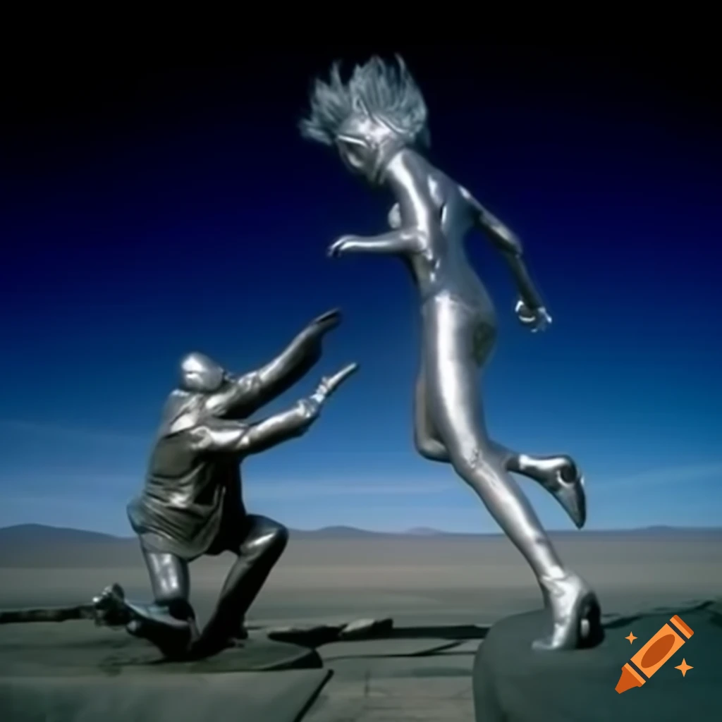 Pop surreal 2000's photography featuring anime silver statue