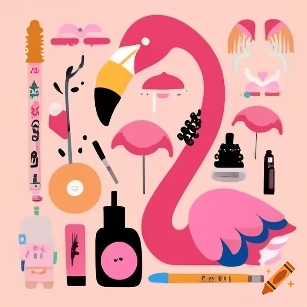 Collage of pink items including flamingo, peach, and makeup