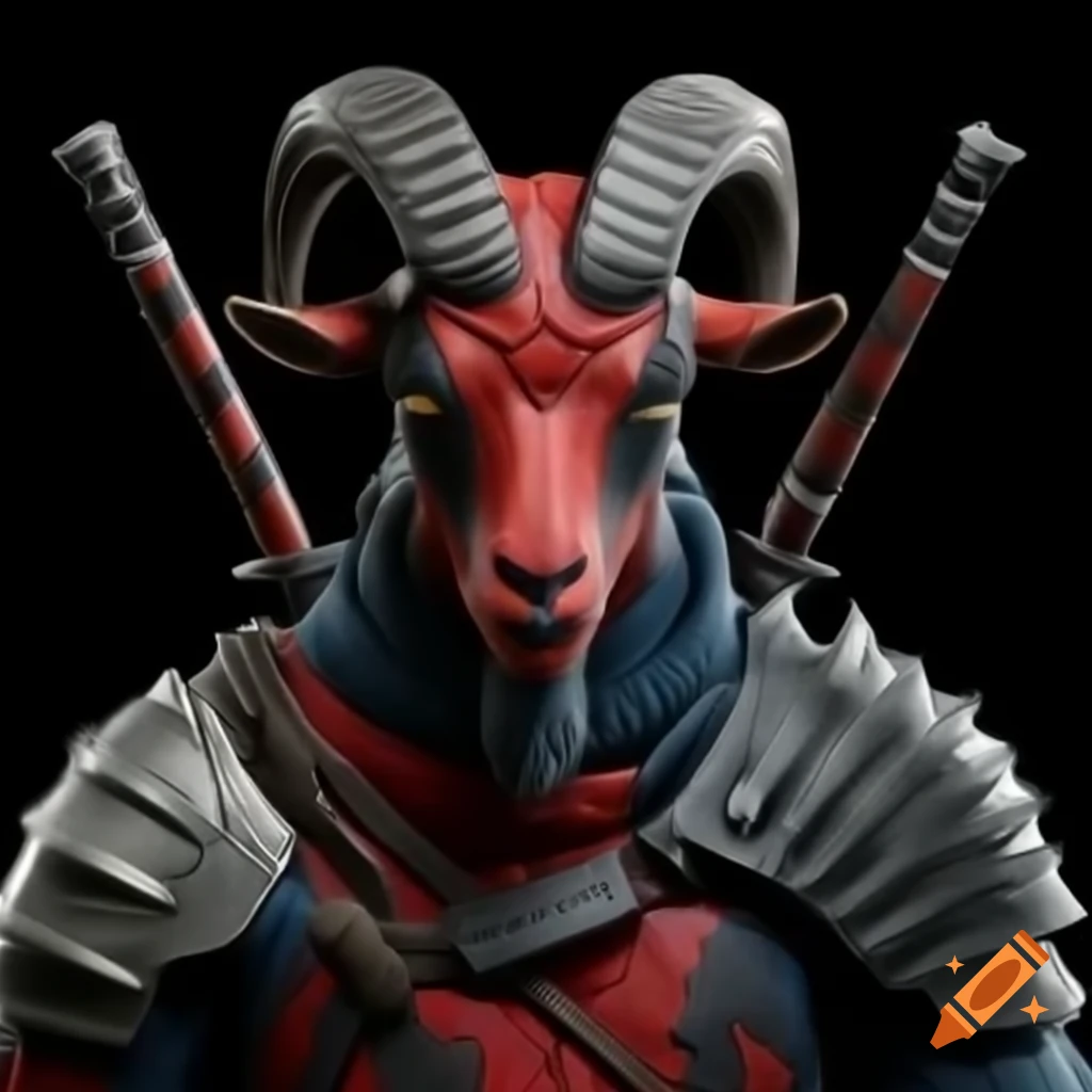 Ultra realistic anthropomorphic goat in armor with Deadpool colors in Dark Souls setting