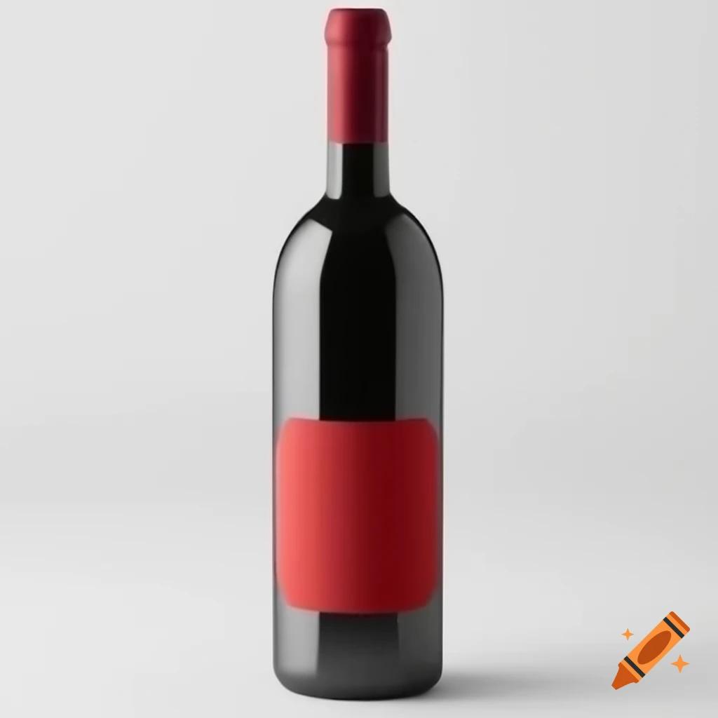 Botella de vino con capuchón rojo y etiqueta gris en posición inclinada
