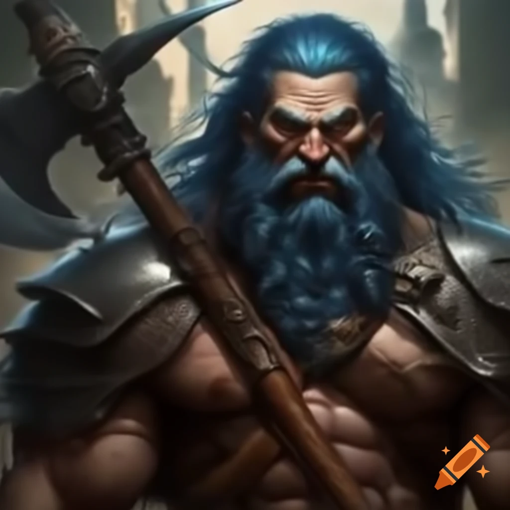 Majestic goliath with blue hair wielding battle-worn axe