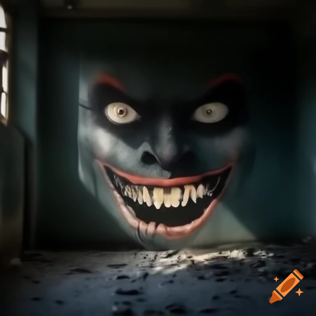 Shadowed face with terrifying grin emerging from peeling paint in abandoned room