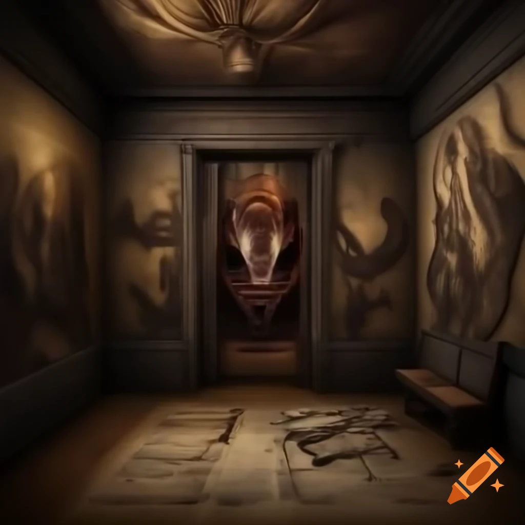 Realistic scary house interior with large room and demonic artwork on walls