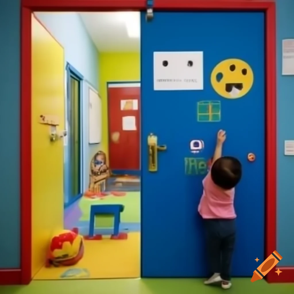 Child attempting to open a locked door in a colorful daycare nursery