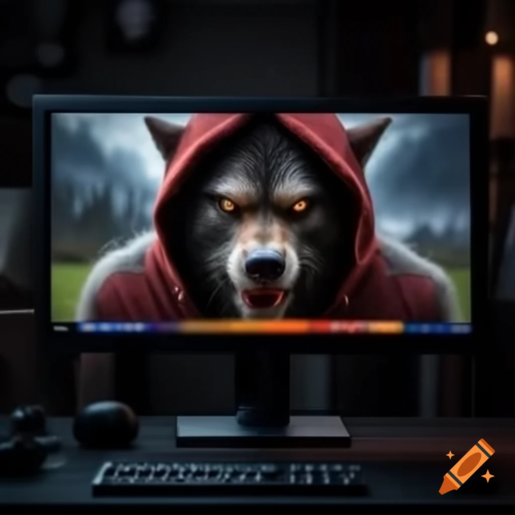 Werewolf in dark room at computer wearing Little Red Riding Hood cape with partially visible face