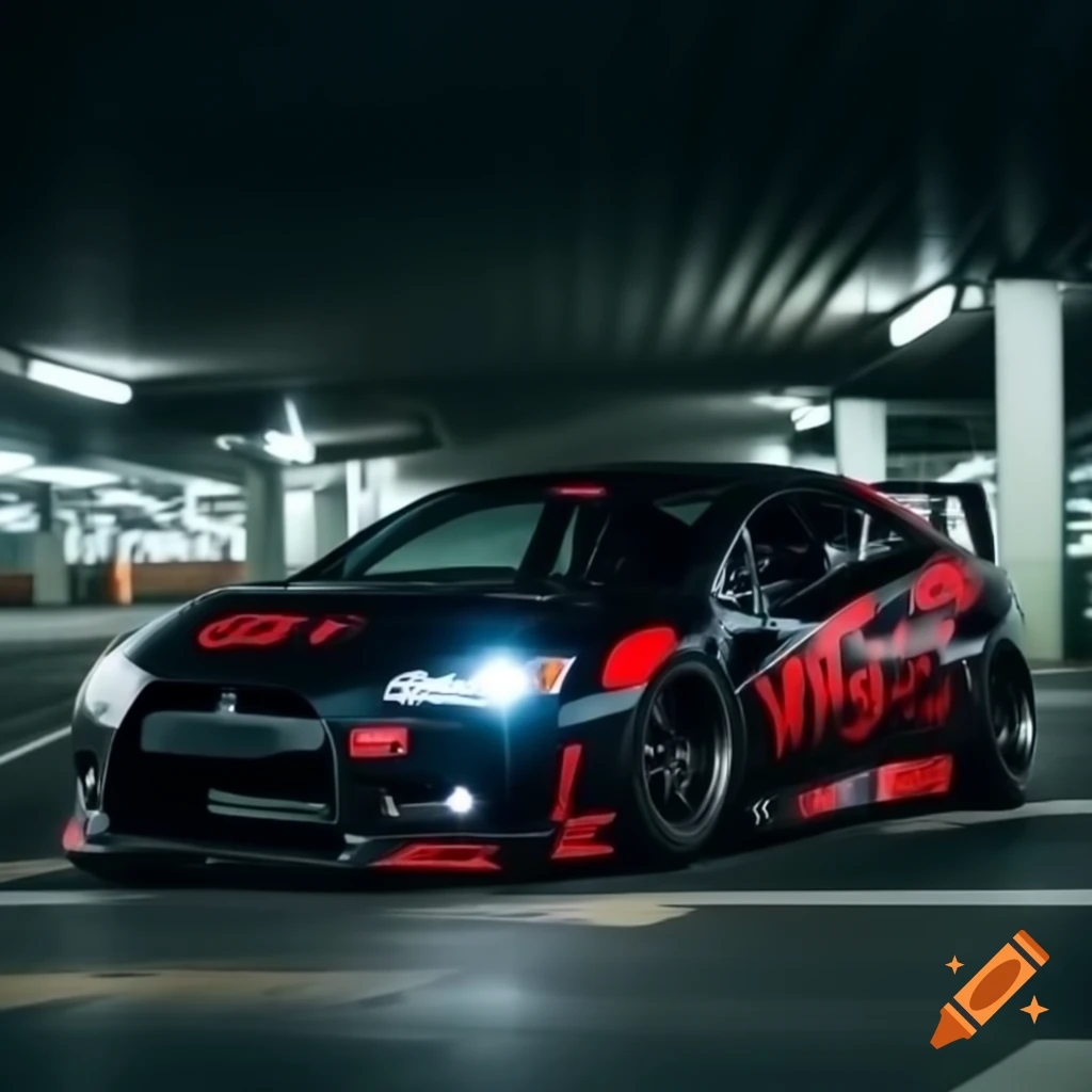 Customized black 2012 Mitsubishi Eclipse with red decals in underground parking lot