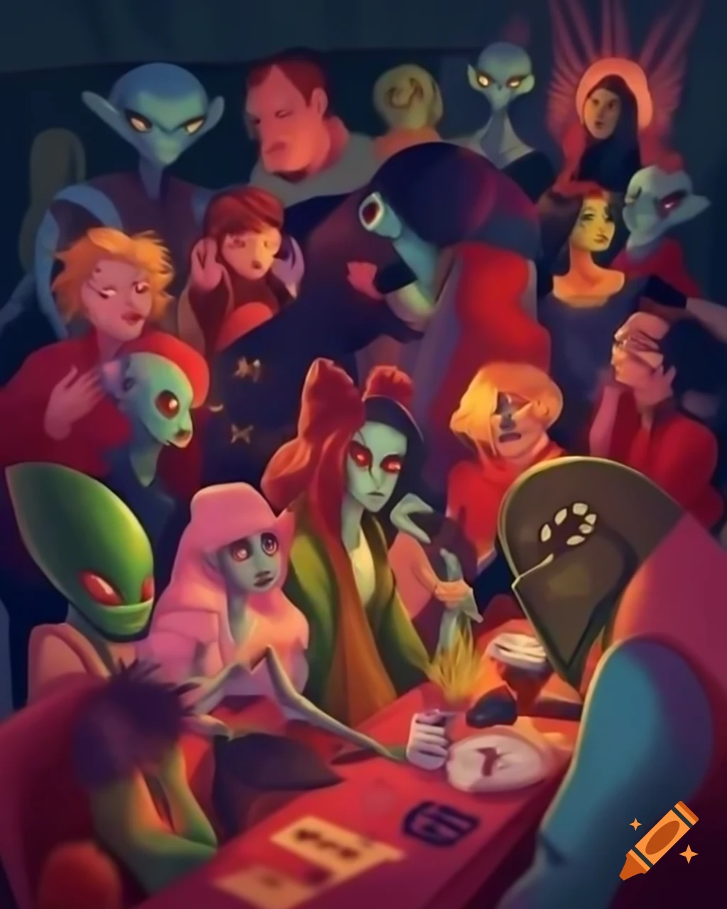 Lively convention scene with people dressed as aliens and colorful alien art
