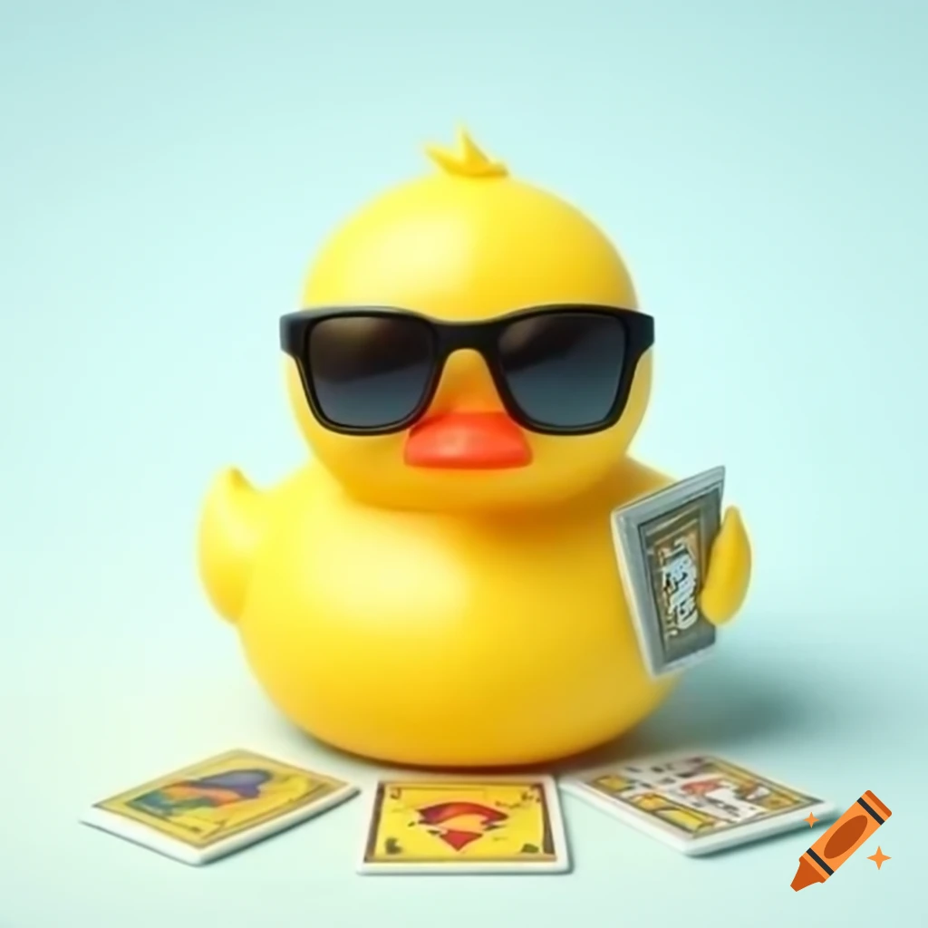 Rubber ducky with sunglasses holding tarot cards against white background