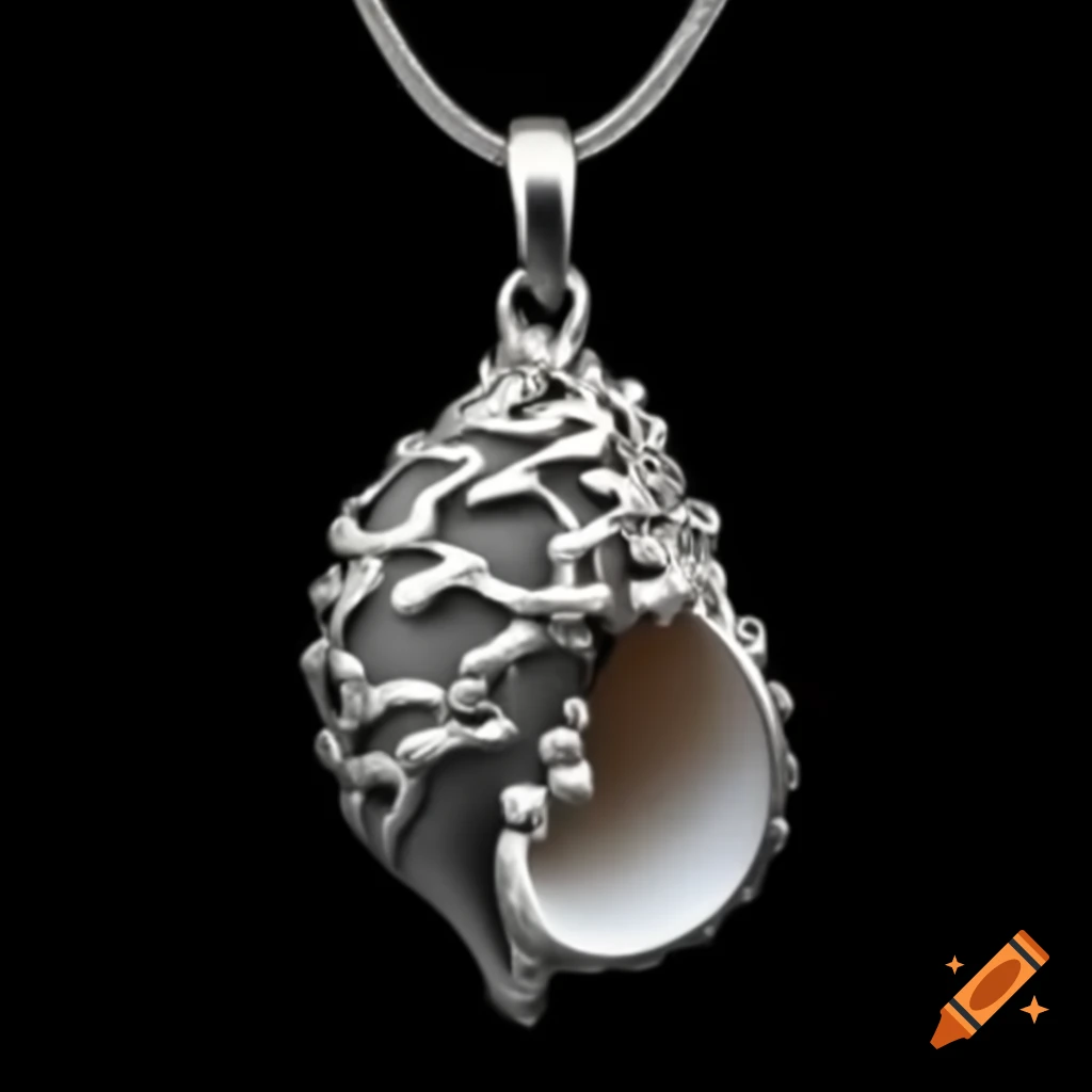 Polished silver locket with intricate vines and lustrous seashell design