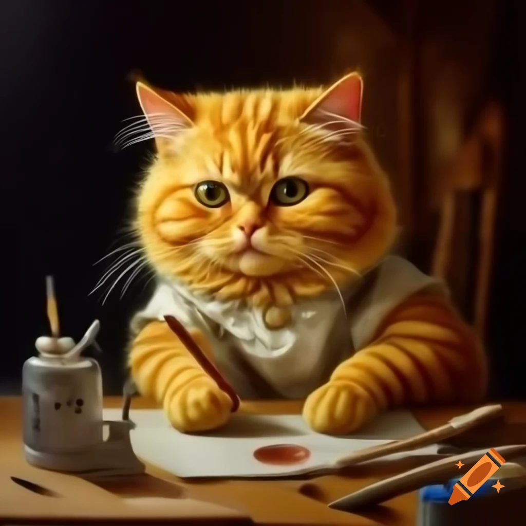Realistic yellow cat artist drawing with paintbrush in mystical setting