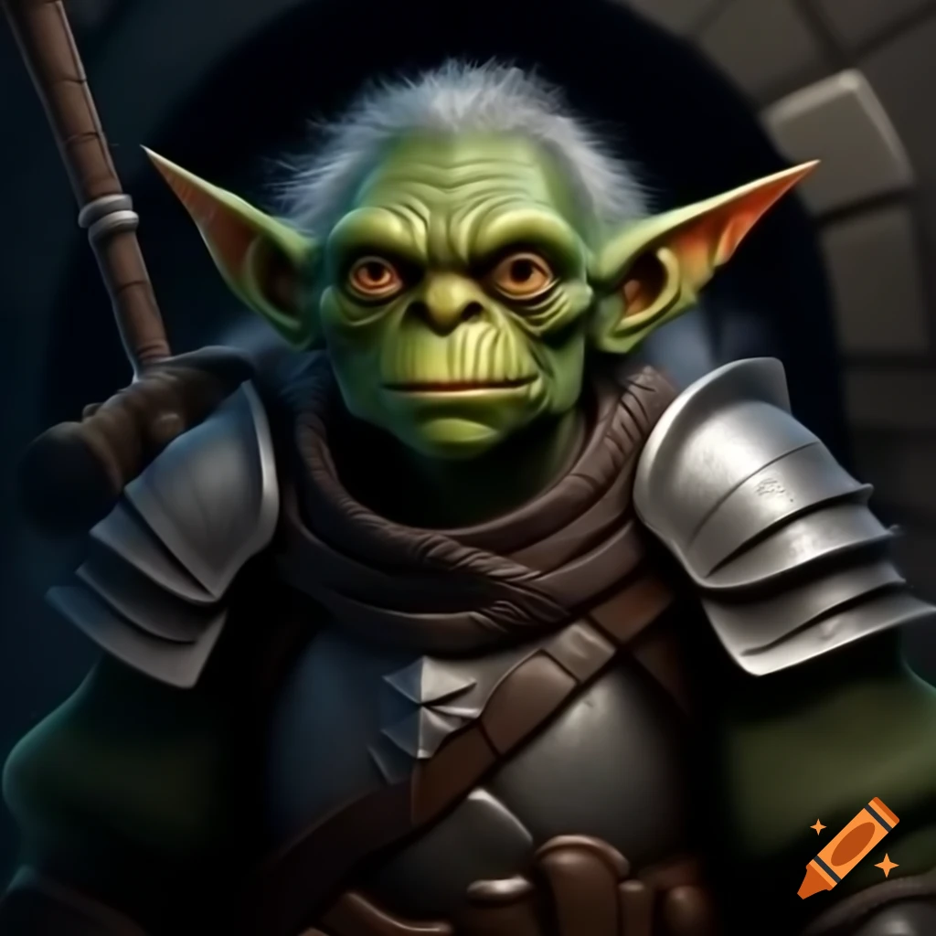Goblin knight in dark old dungeon, retro style