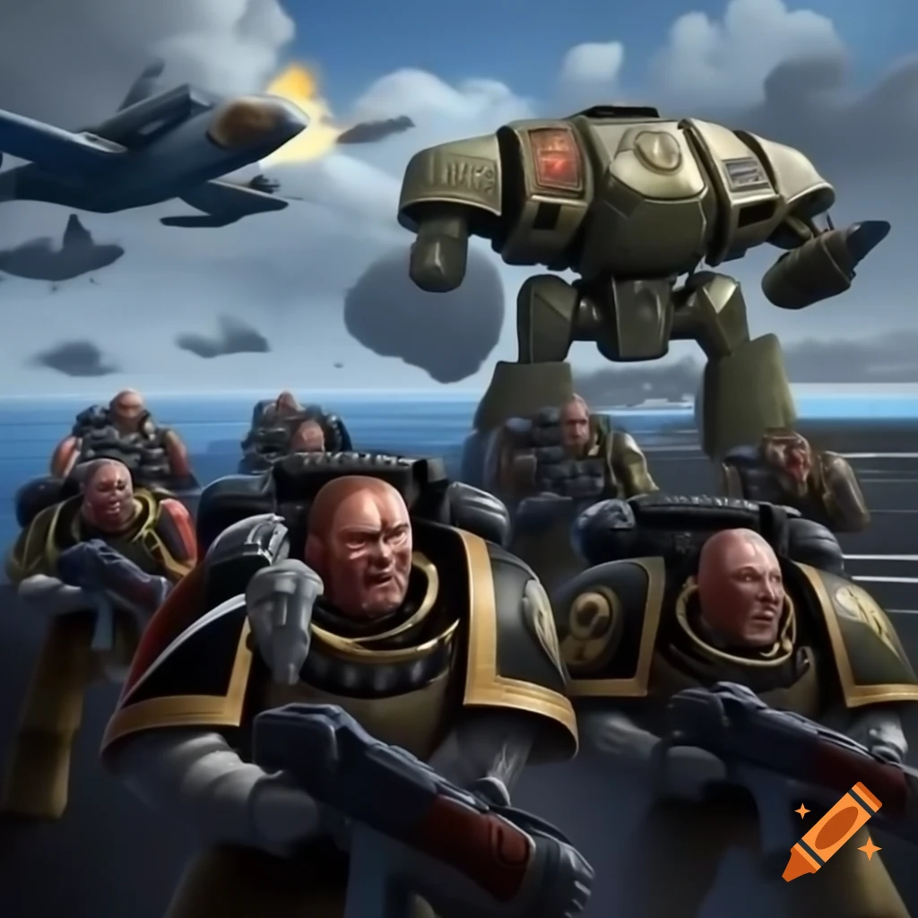 Astra Militarum soldiers on aircraft carrier confronting dreadnought in Warhammer 40K scene