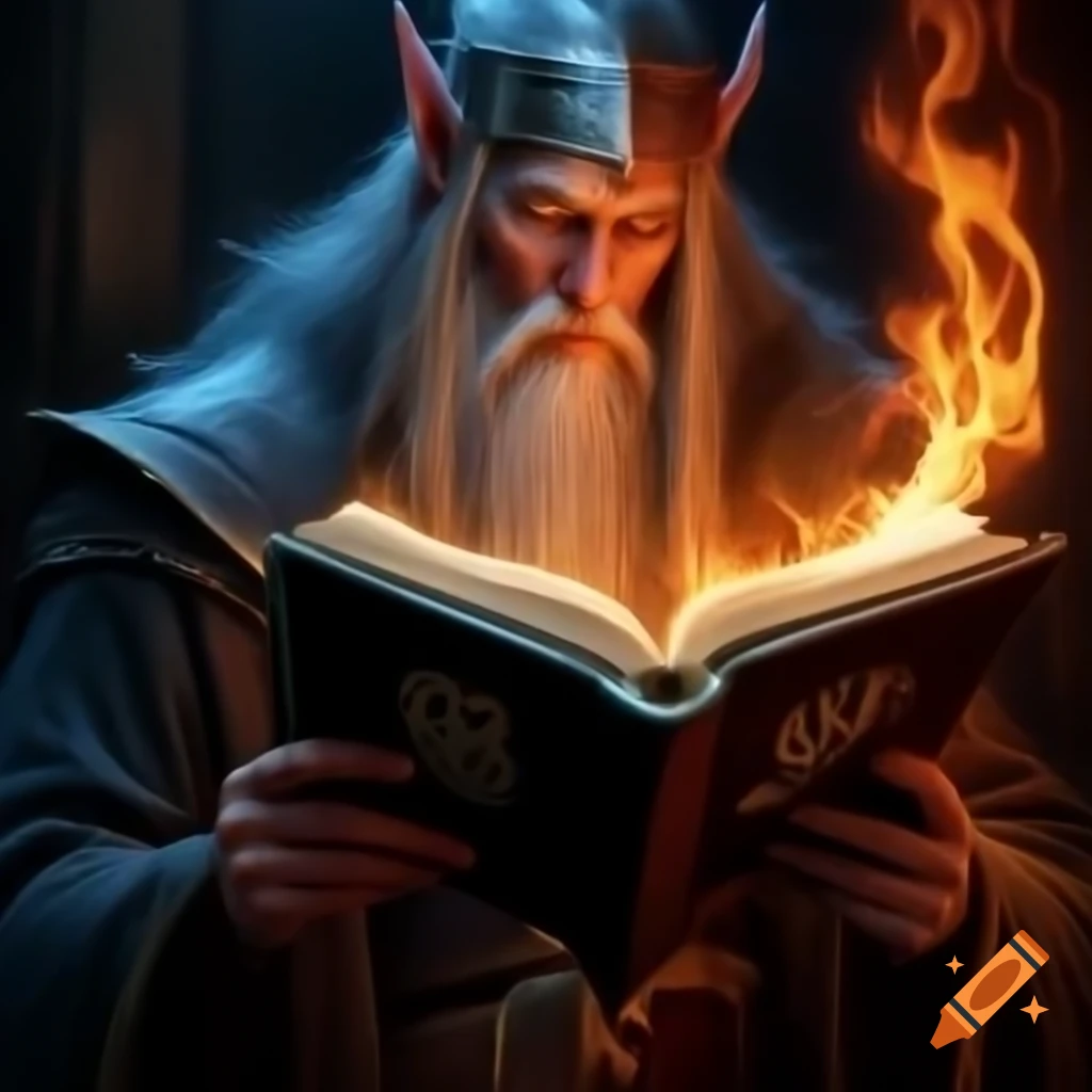 Elven wizard reading glowing book with fiery letters and black-red eyes