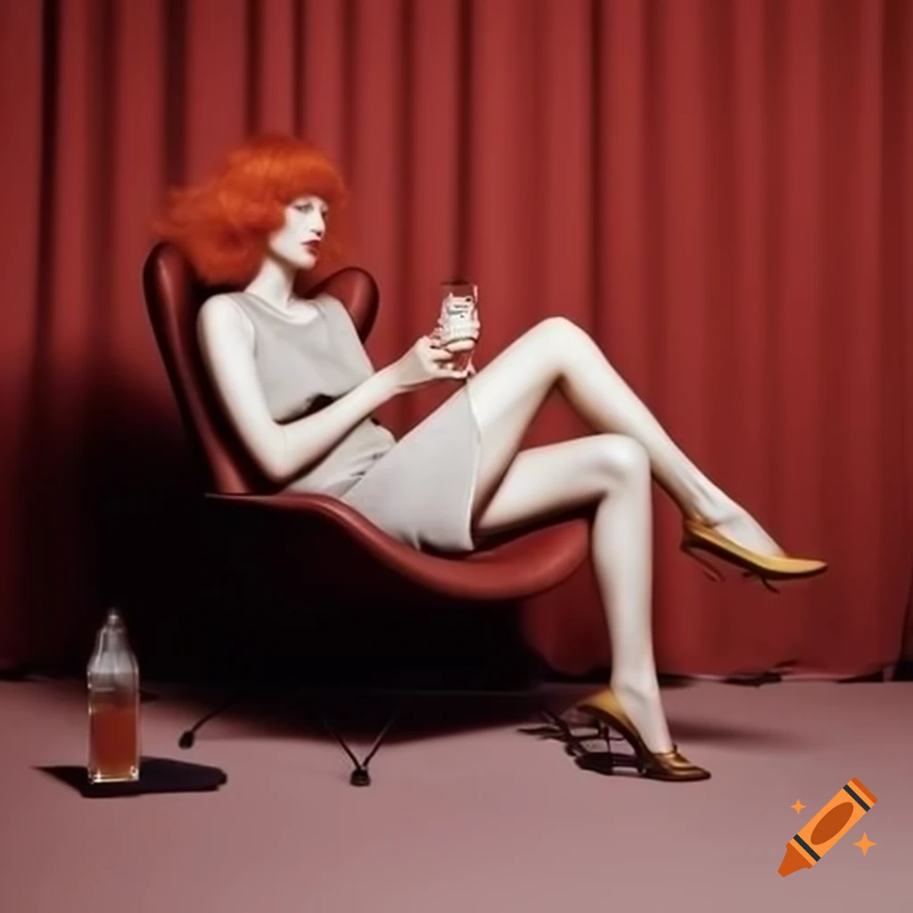 Red haired woman in slinky dress sipping cocktail, inspired by Max Ernst