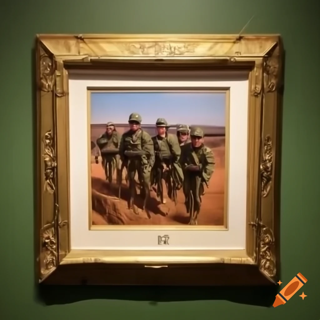Framed photograph of US Army soldiers in desert landscape on green wall