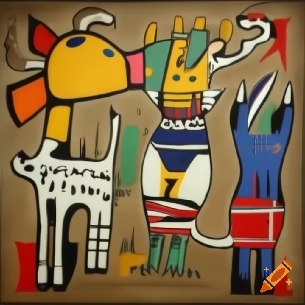 Medieval zoo painting in Jean-Michel Basquiat style