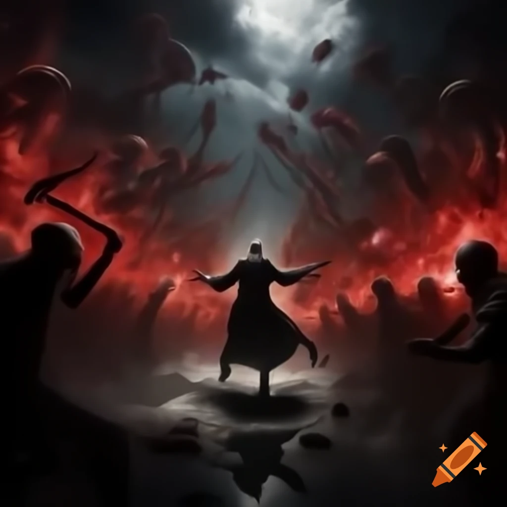 Dramatic clash between alternative idol and priest with crimson elements and weapons