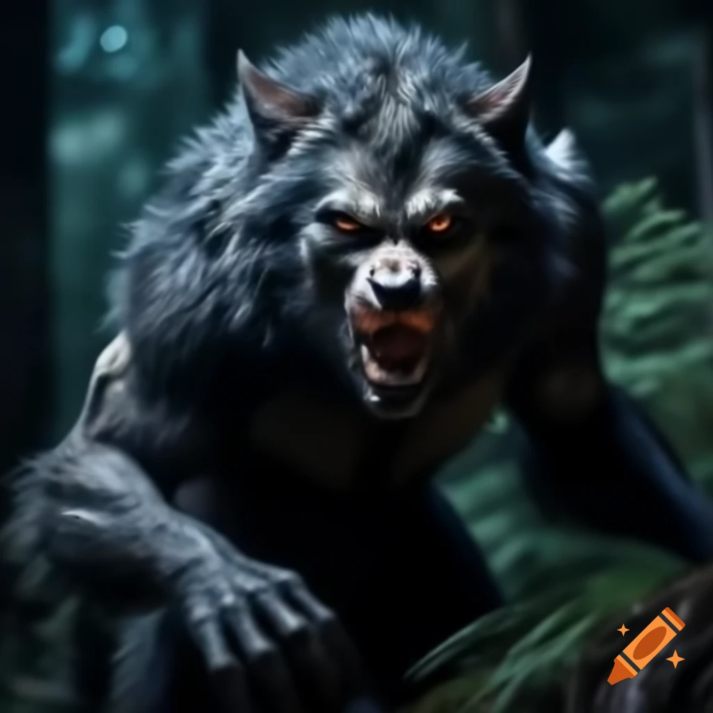 Colossal werewolf emerging from dark forest at night