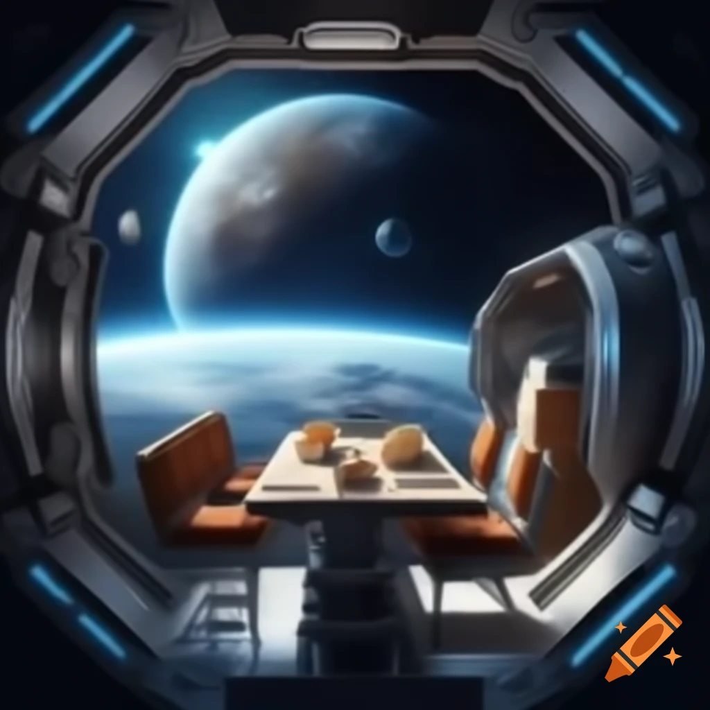 Compact kitchen in spacecraft with planet view in orbit