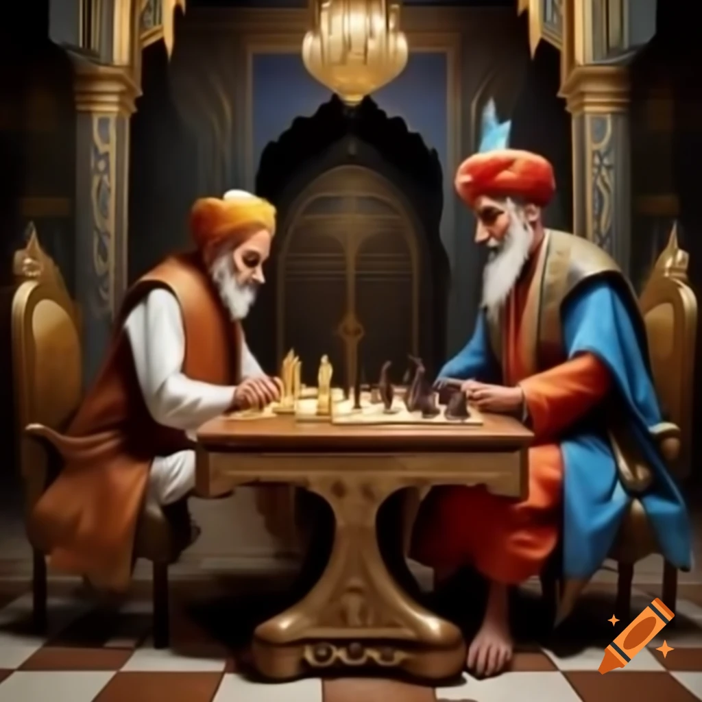 Ancient Indian king sending servant to Persian king with chessboard