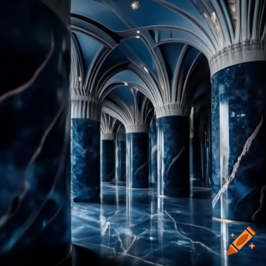 Dark blue marble hallways with sloped ceilings and glittering stars